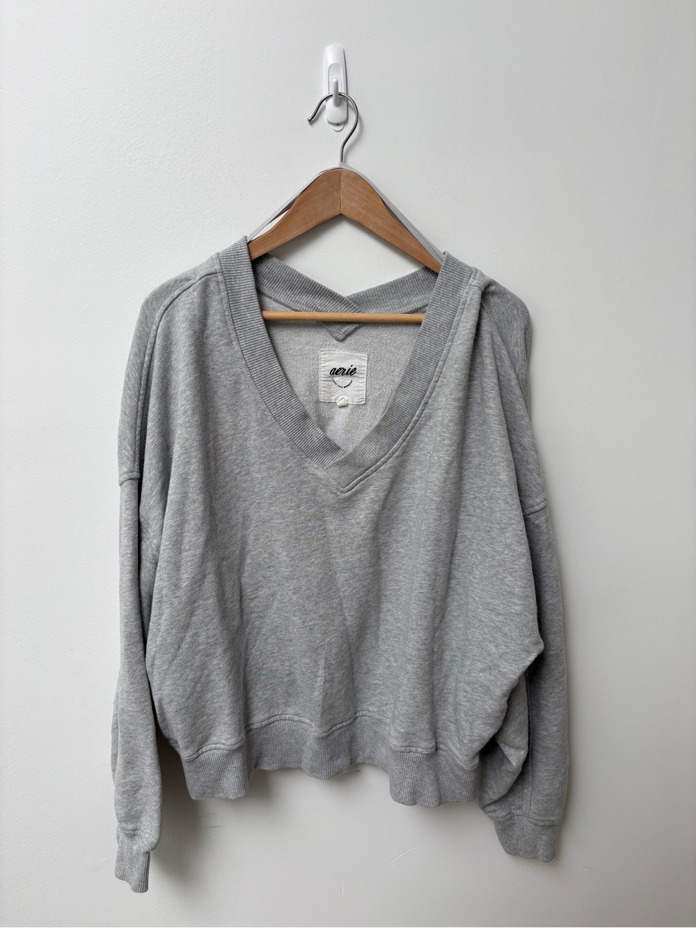 aerie Light Gray V-Neck Pullover Sweatshirt